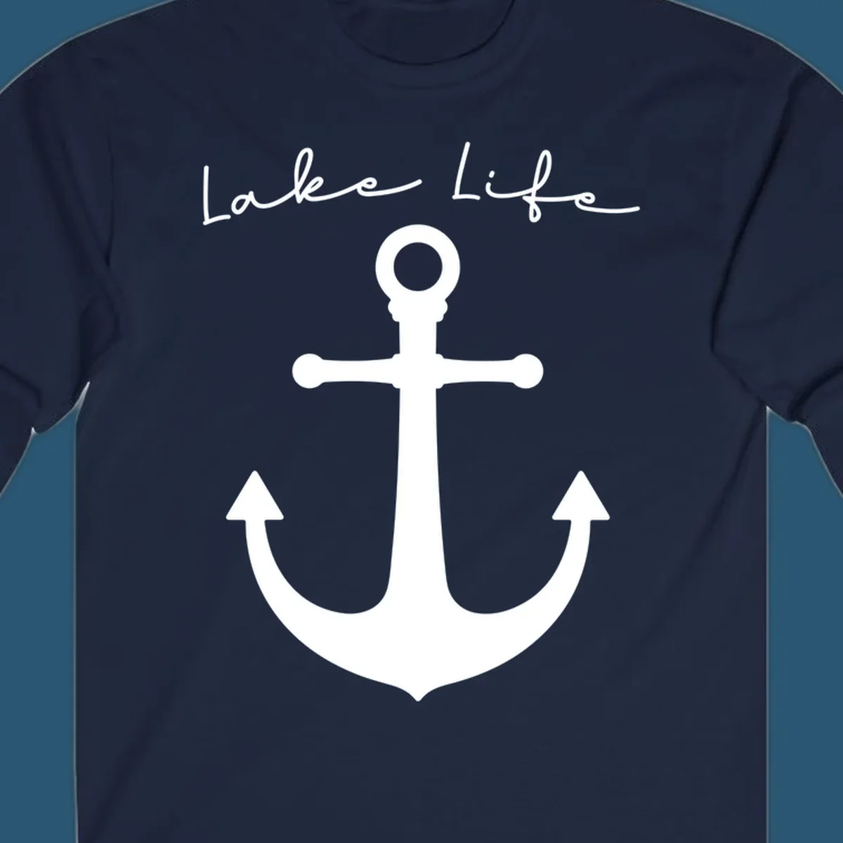 Lake life text with a white anchor graphic.