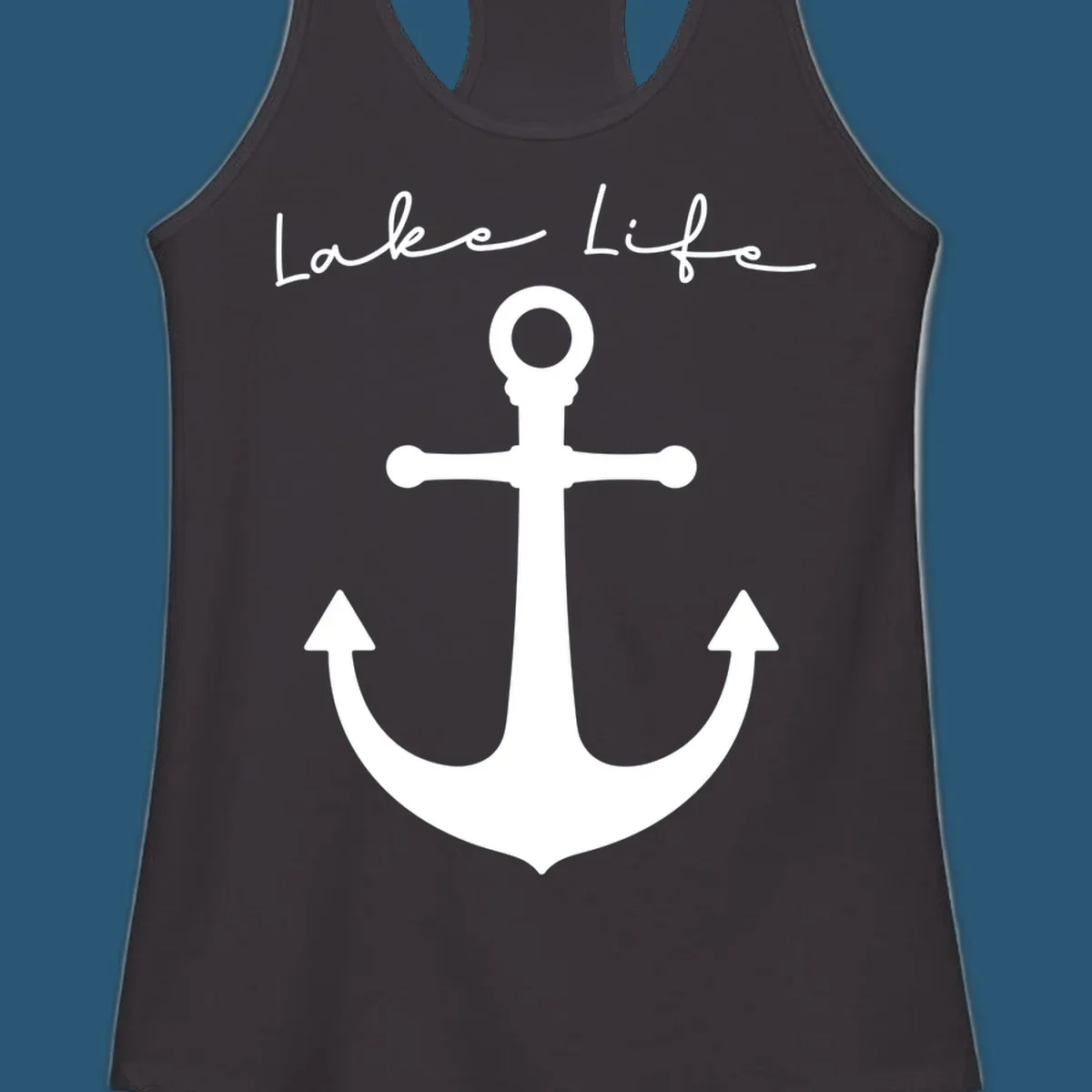 Lake life text with a white anchor graphic.