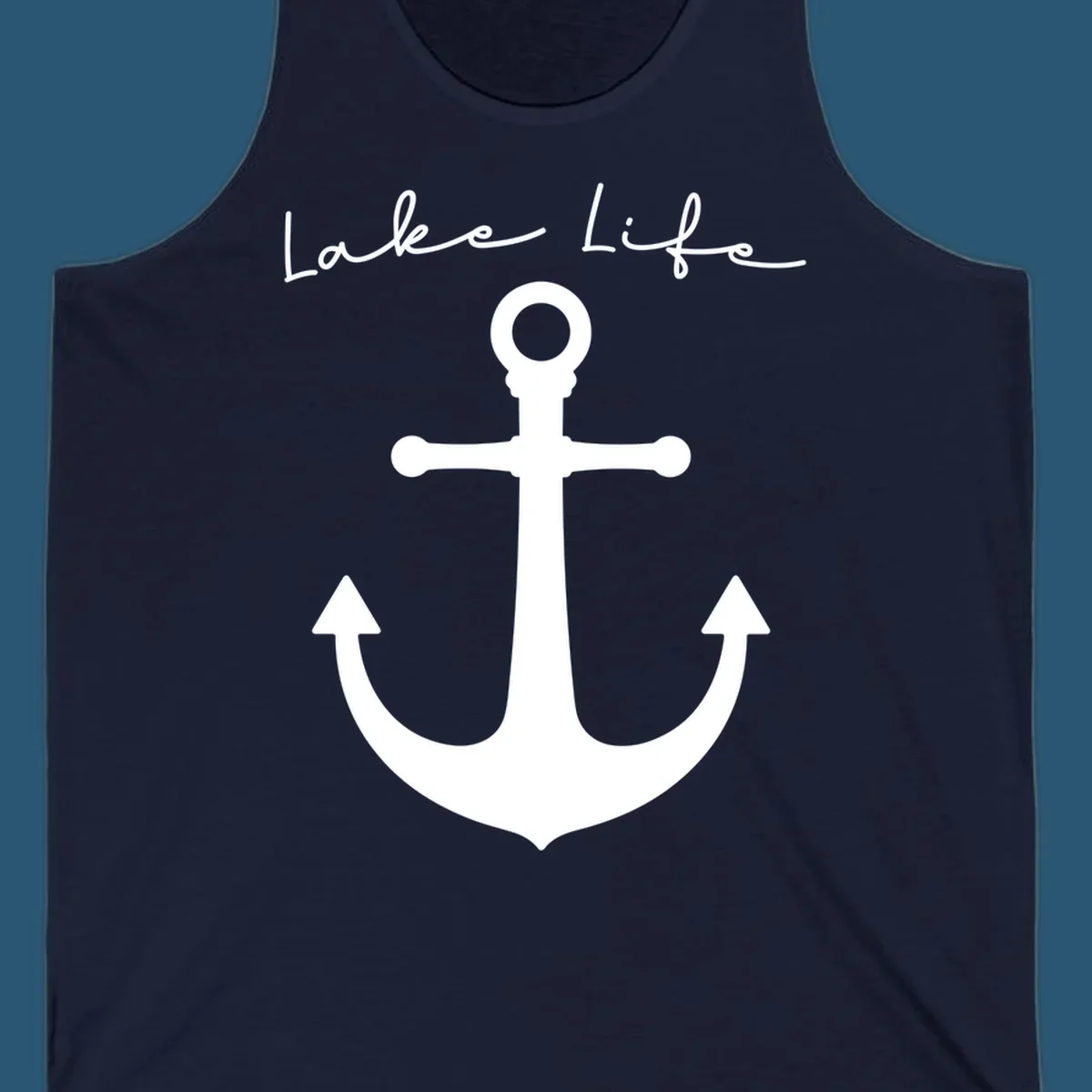 Lake life text with a white anchor graphic.