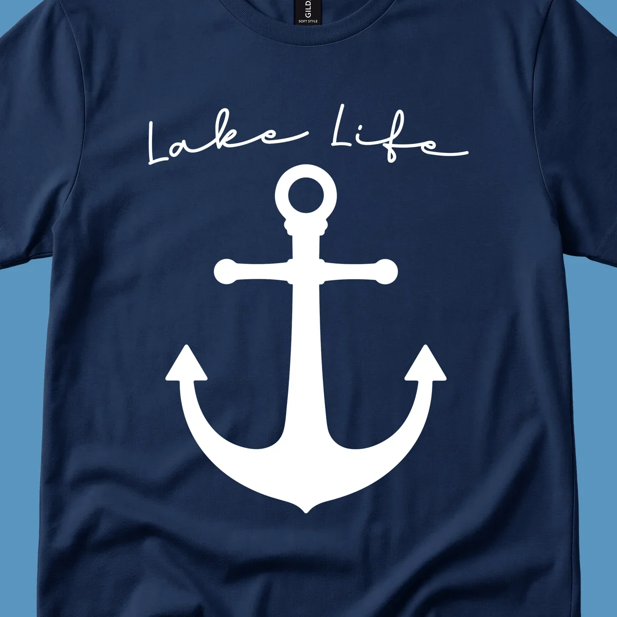 Lake life text with a white anchor graphic.