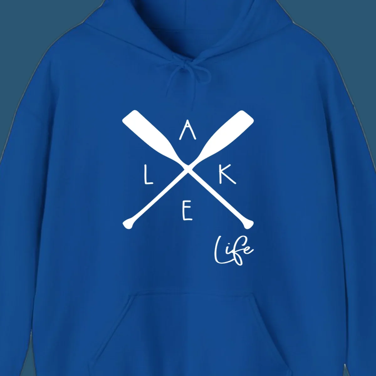 Lake life design with crossed oars and text.