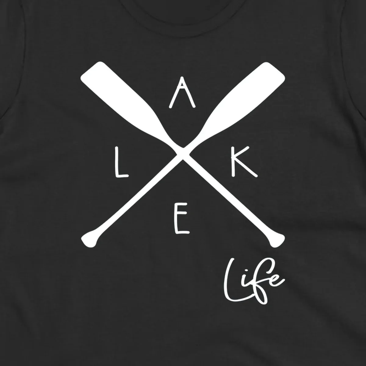 Lake life design with crossed oars and text.