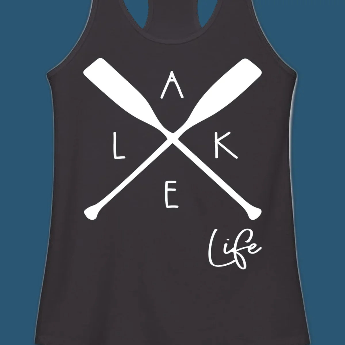 Lake life design with crossed oars and text.