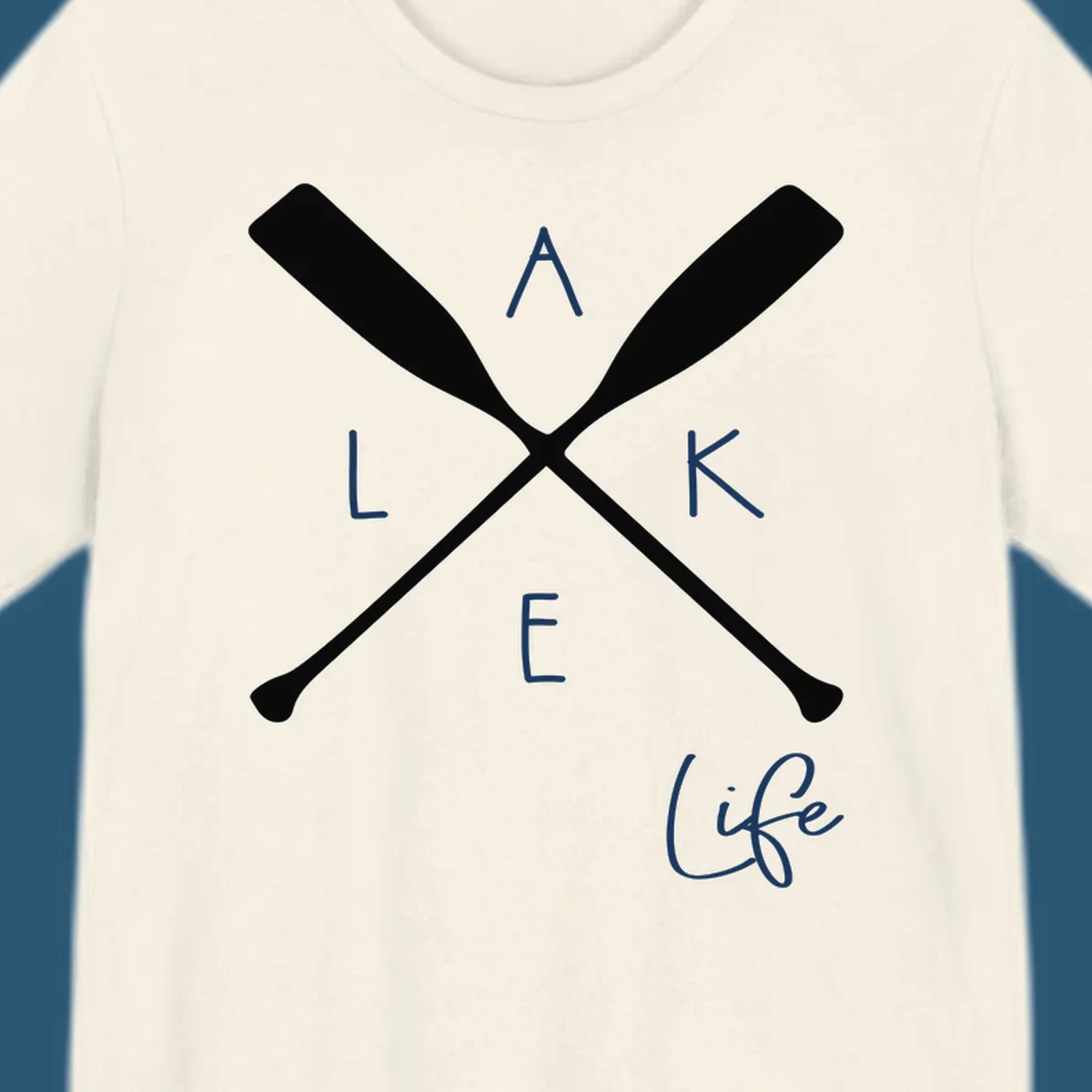 Lake life design with crossed oars and text.