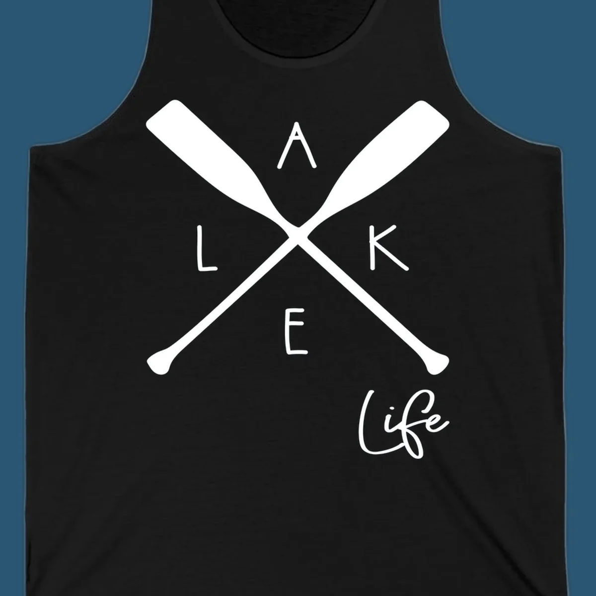 Lake life design with crossed oars and text.