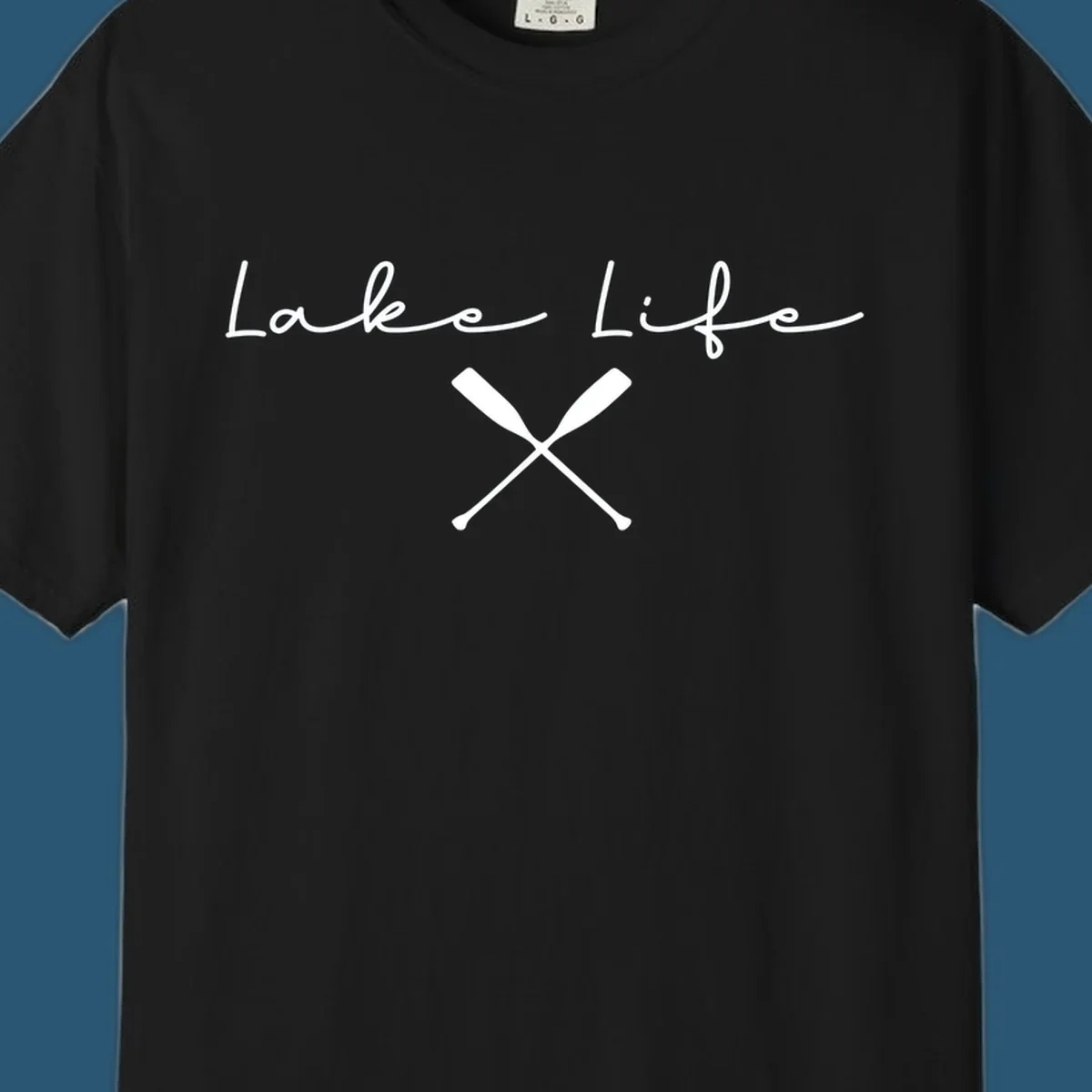 Lake Life text with crossed oars graphic, lake-life-oars.