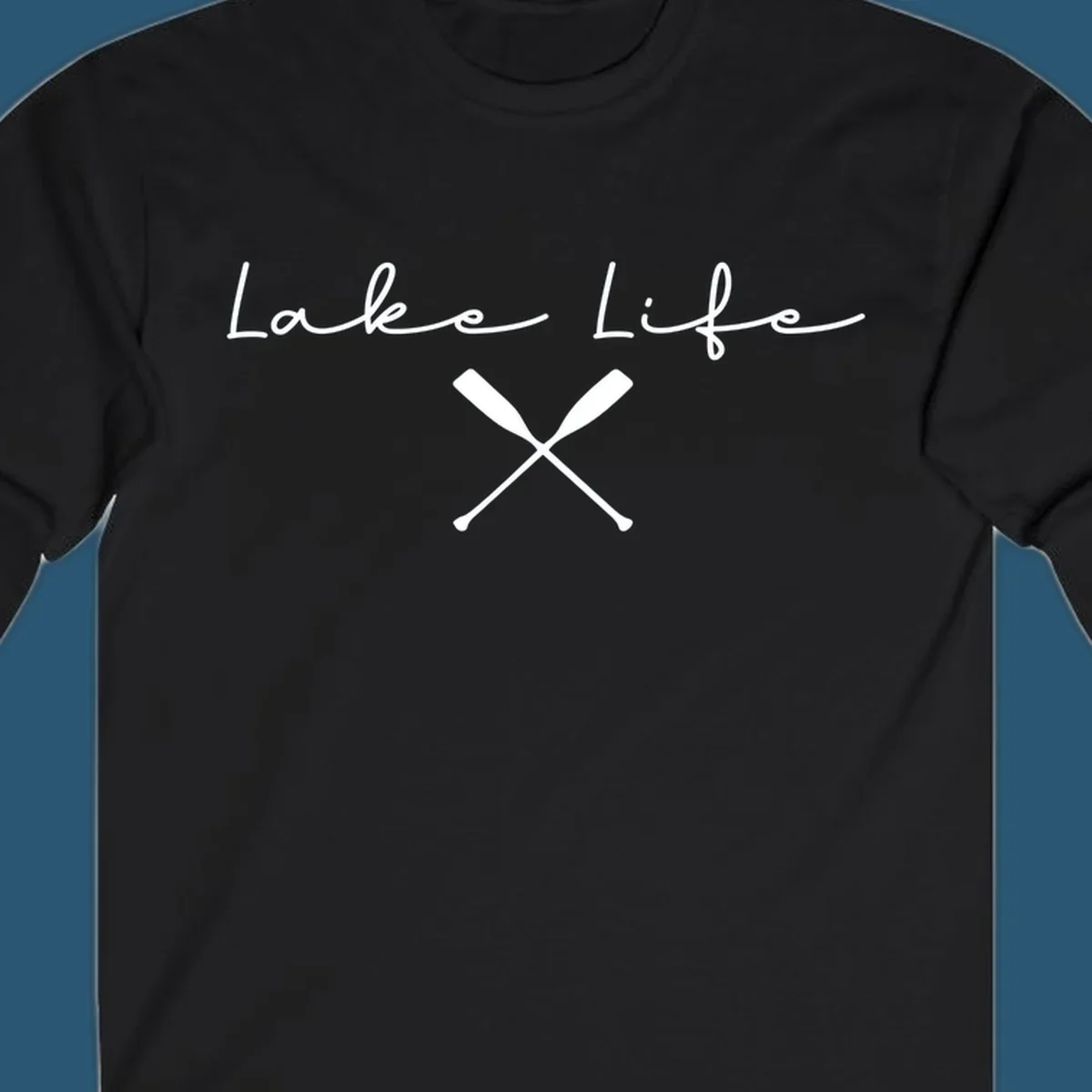 Lake Life text with crossed oars graphic, lake-life-oars.