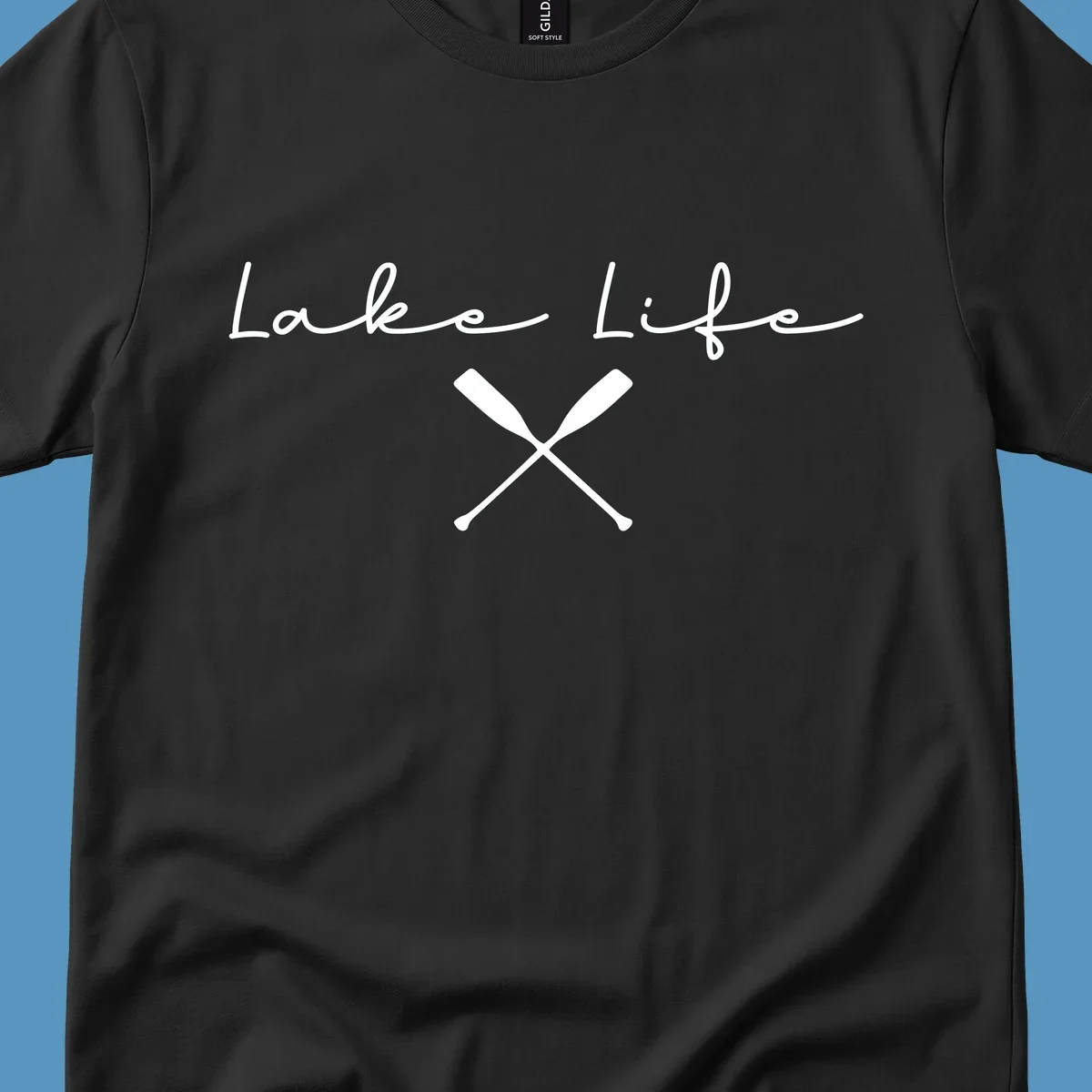 Lake Life text with crossed oars graphic, lake-life-oars.