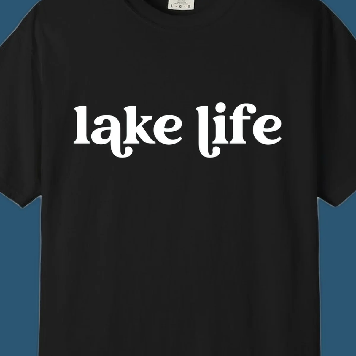 White 'lake life' text on black background and navy text on white background.