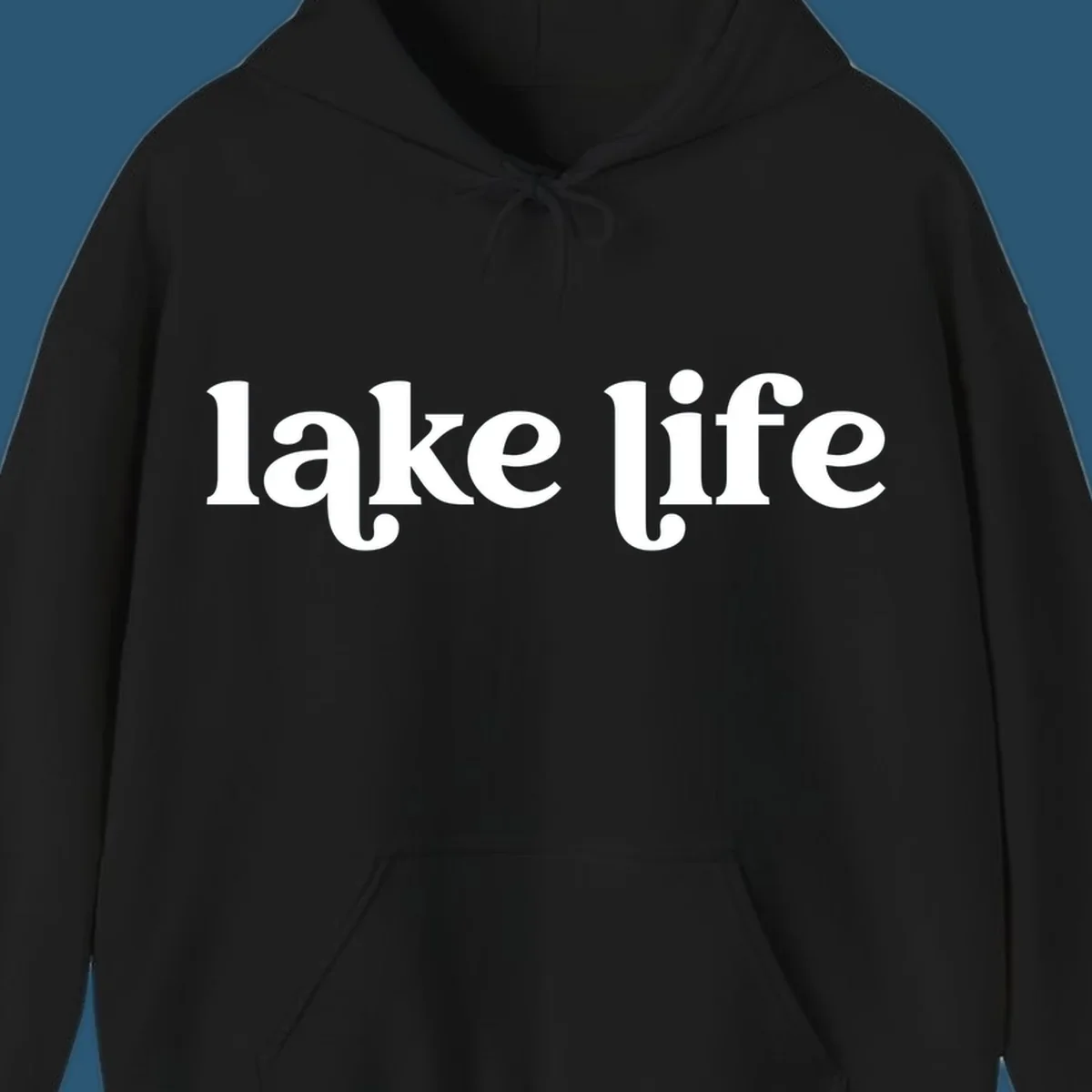 White 'lake life' text on black background and navy text on white background.