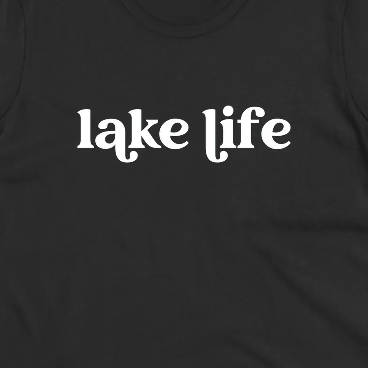 White 'lake life' text on black background and navy text on white background.