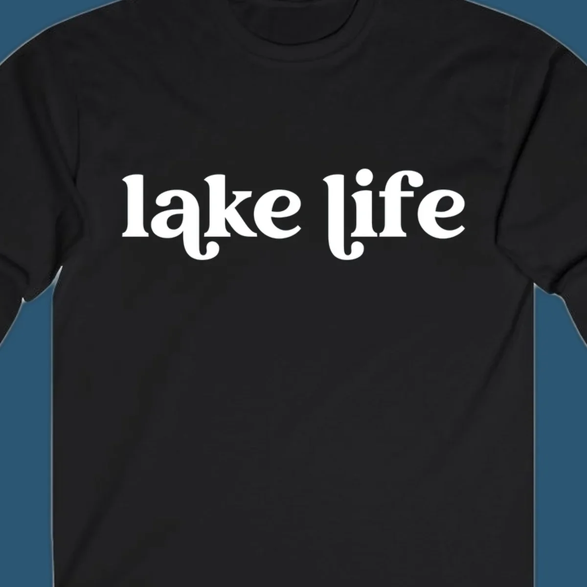 White 'lake life' text on black background and navy text on white background.