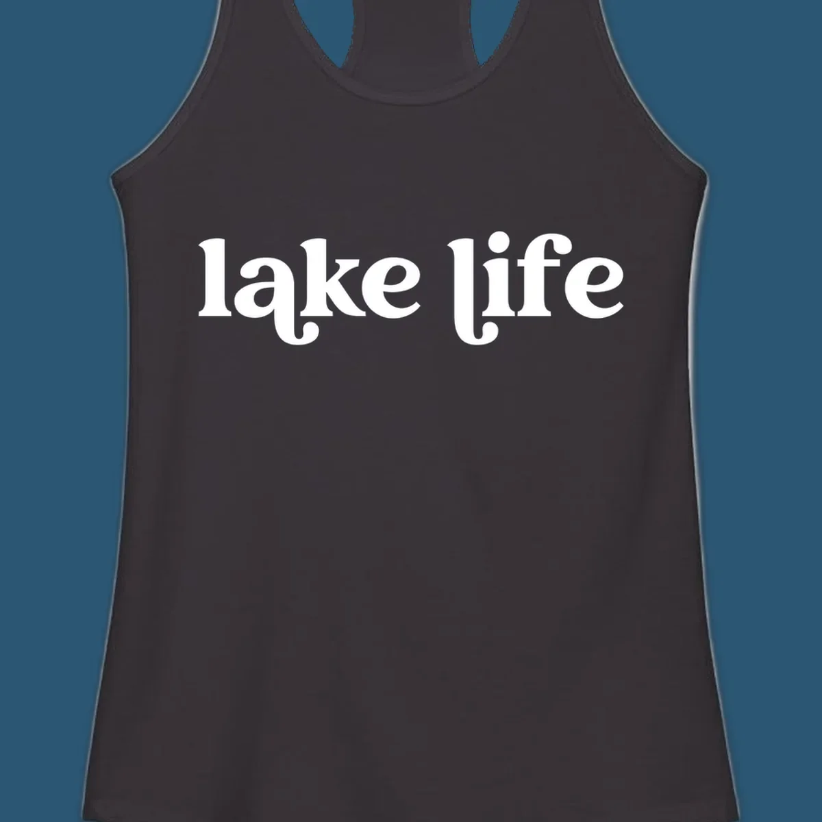 White 'lake life' text on black background and navy text on white background.