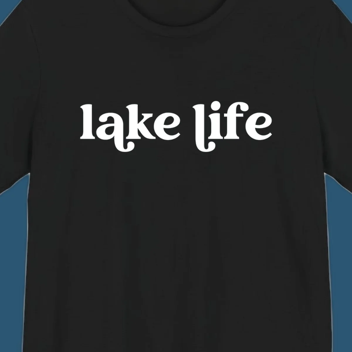 White 'lake life' text on black background and navy text on white background.