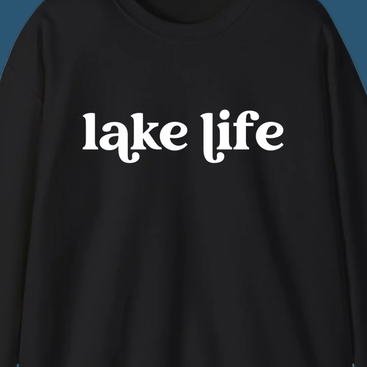 White 'lake life' text on black background and navy text on white background.