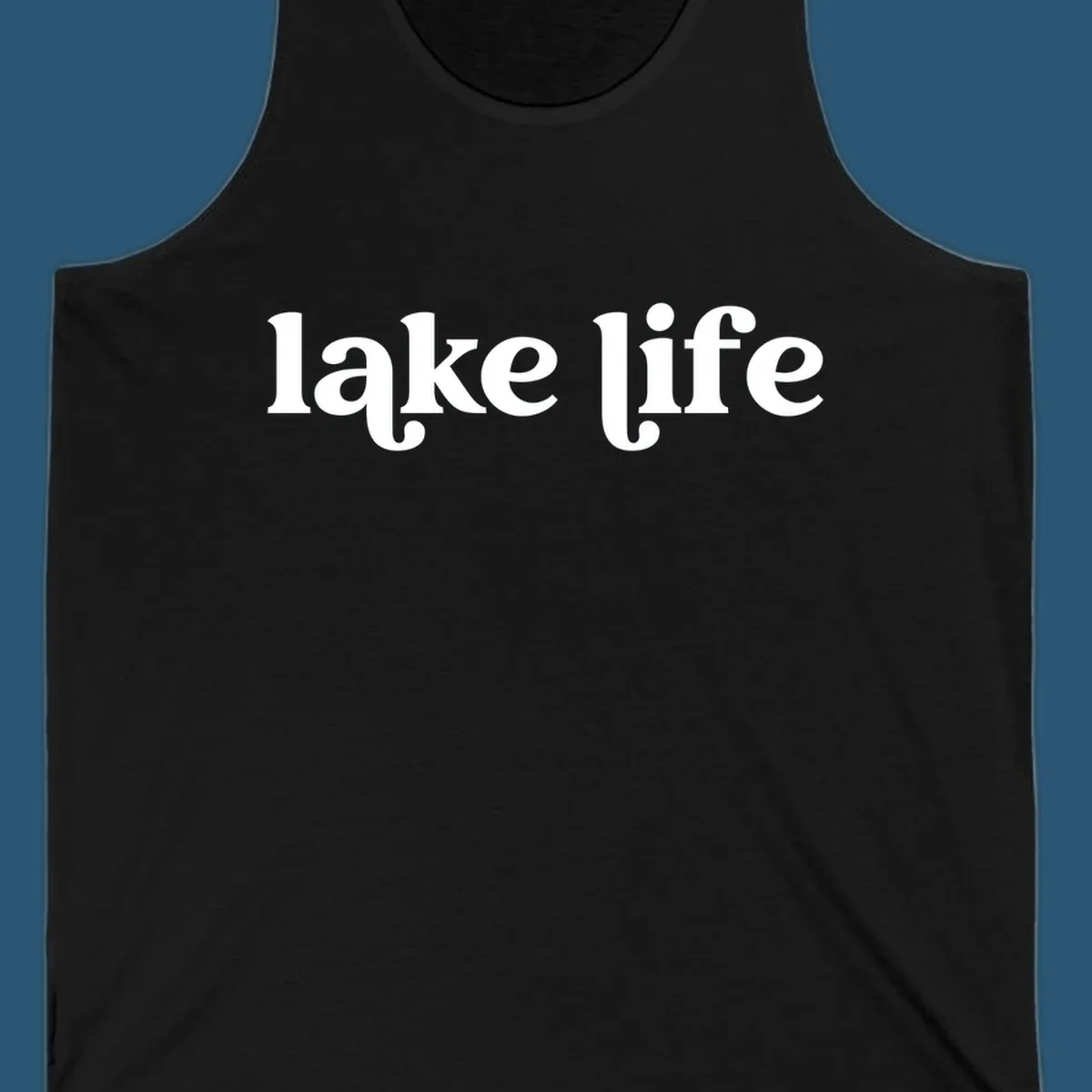 White 'lake life' text on black background and navy text on white background.
