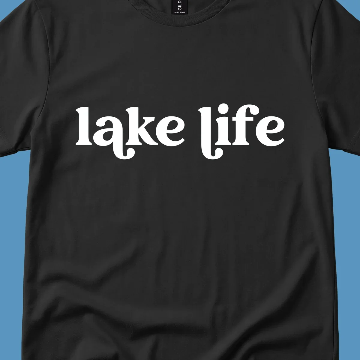 White 'lake life' text on black background and navy text on white background.