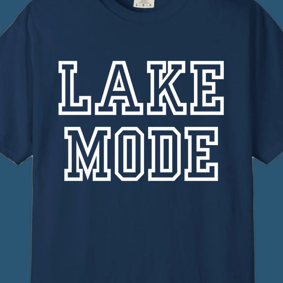 Lake Mode text in collegiate font, navy with white outline.