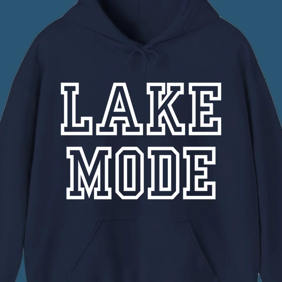 Lake Mode text in collegiate font, navy with white outline.