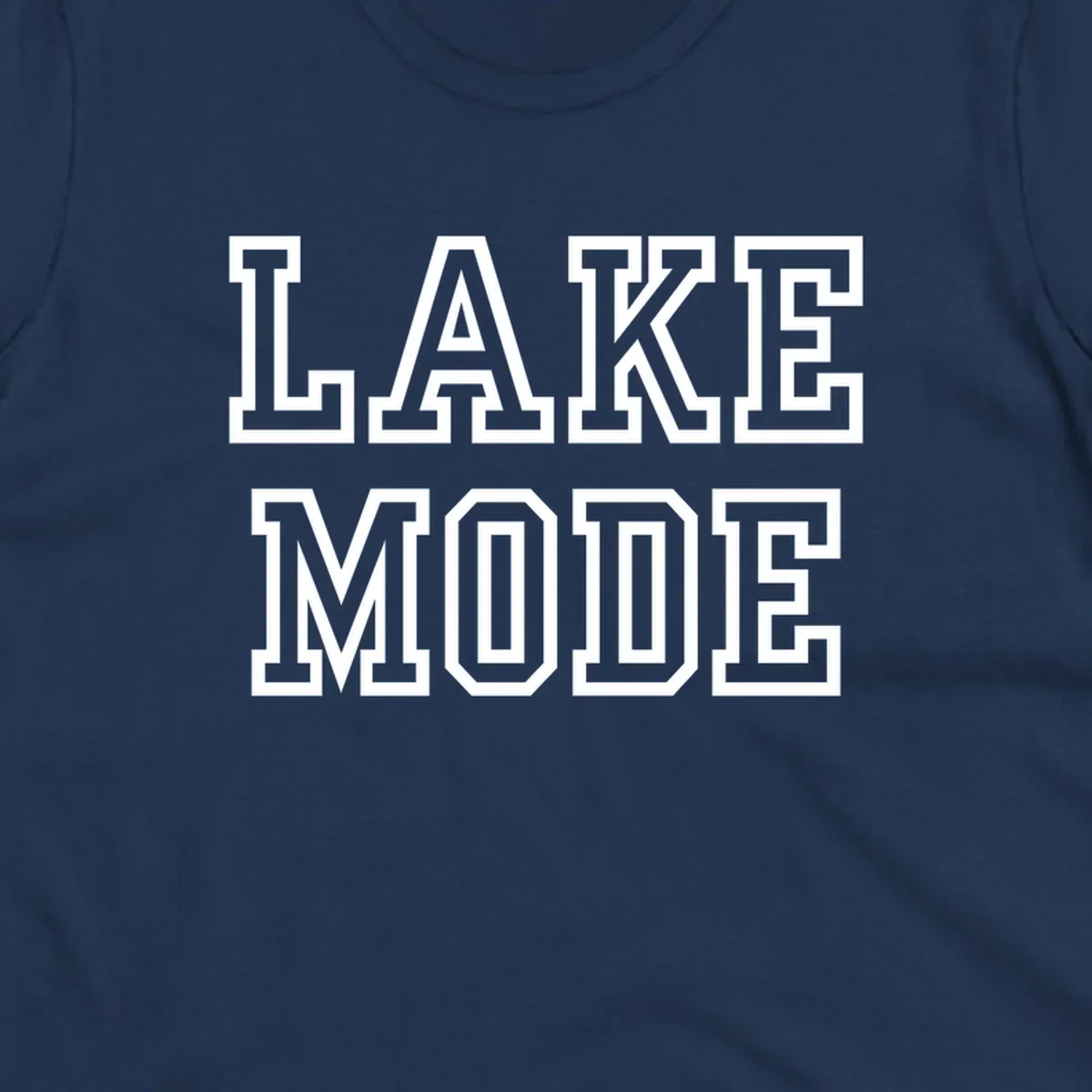Lake Mode text in collegiate font, navy with white outline.