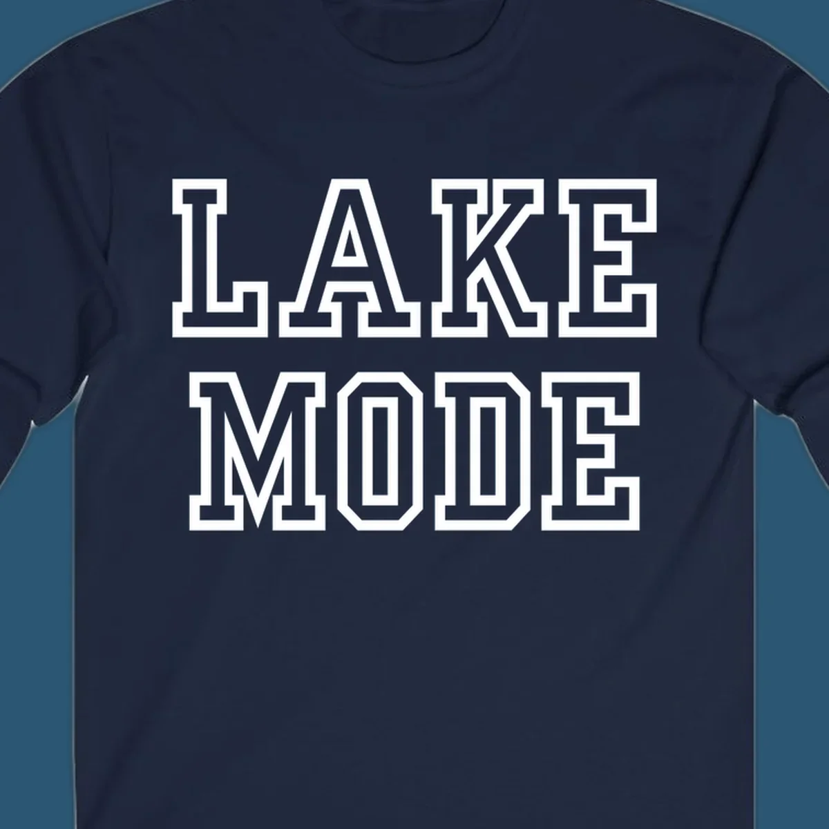 Lake Mode text in collegiate font, navy with white outline.