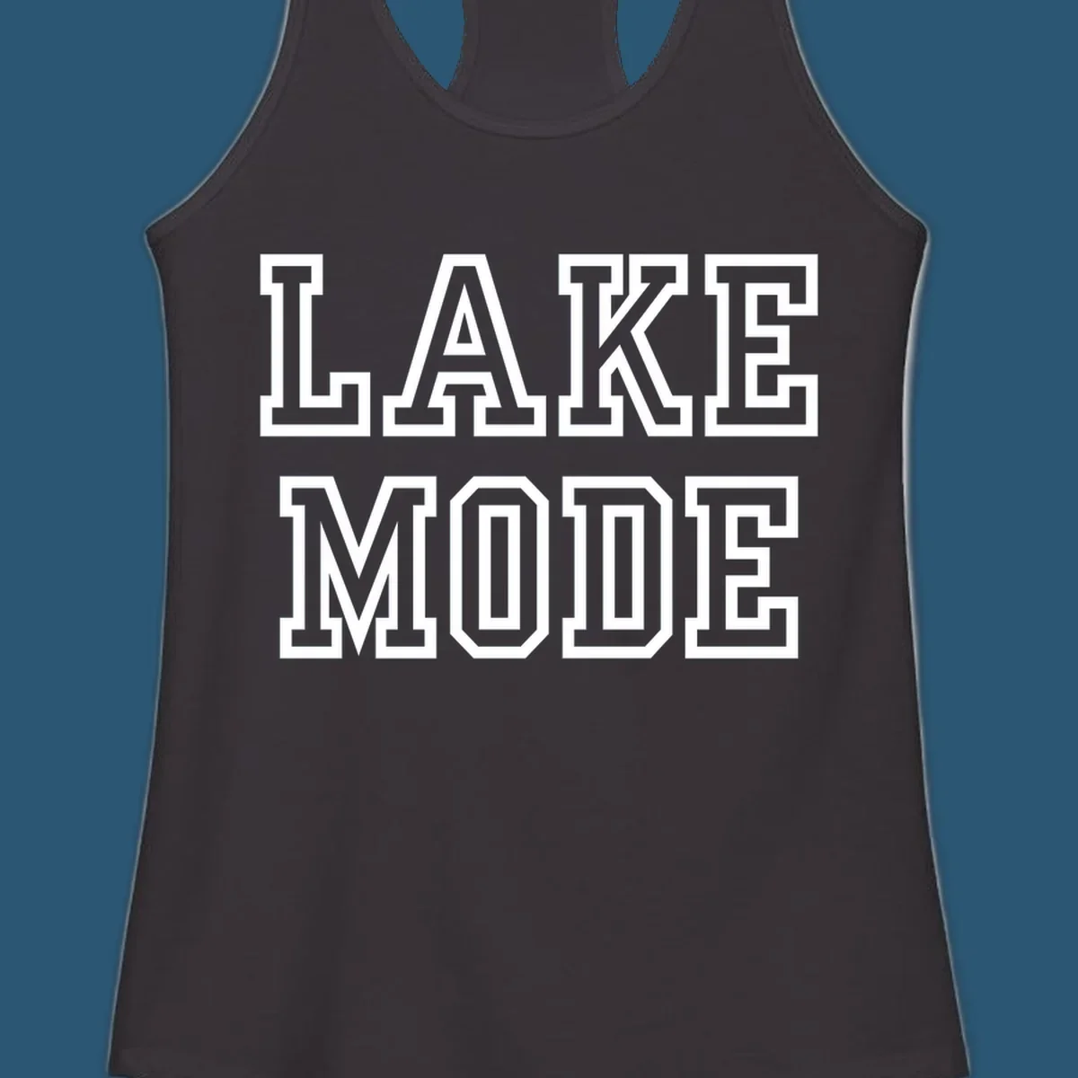 Lake Mode text in collegiate font, navy with white outline.