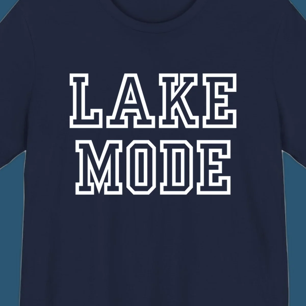 Lake Mode text in collegiate font, navy with white outline.