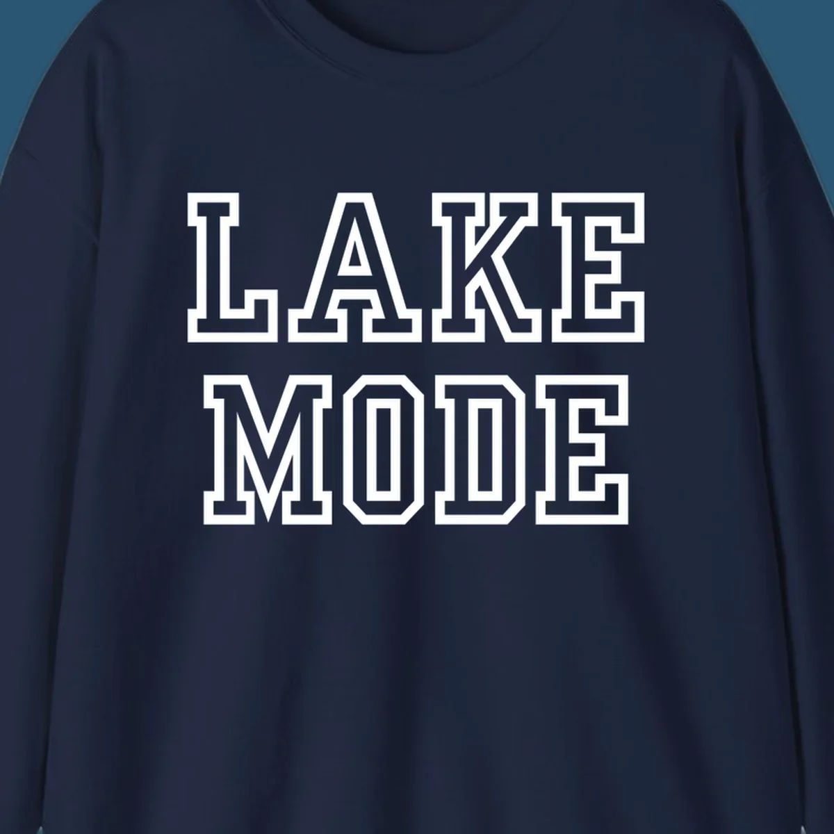 Lake Mode text in collegiate font, navy with white outline.