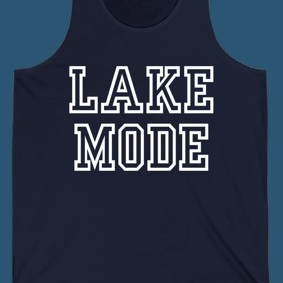 Lake Mode text in collegiate font, navy with white outline.