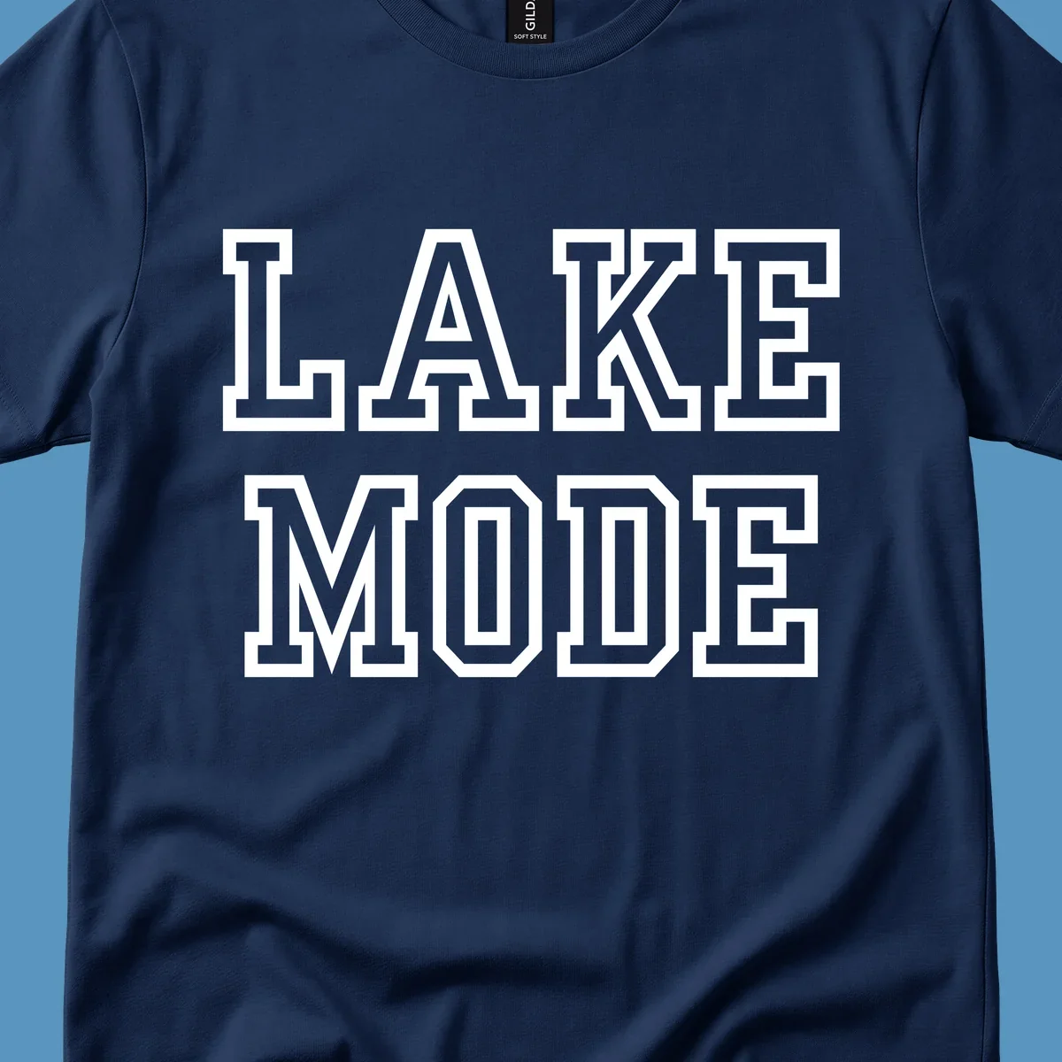 Lake Mode text in collegiate font, navy with white outline.