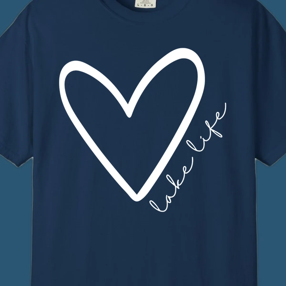 White heart outline with navy cursive 'lake life' text, lake-life-heart design.