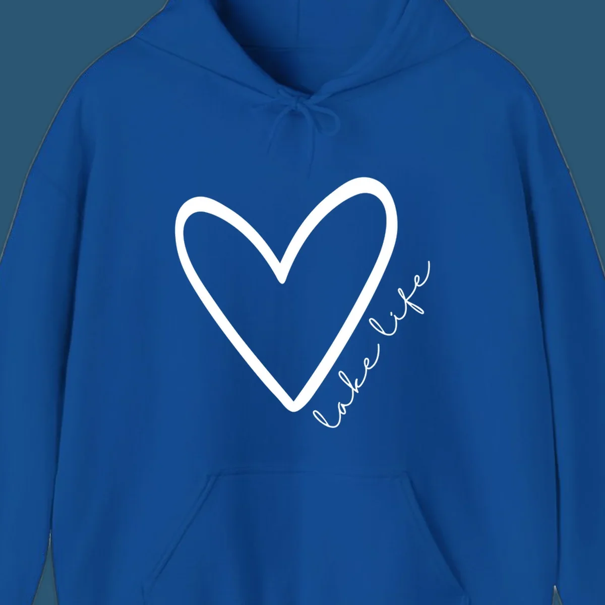 White heart outline with navy cursive 'lake life' text, lake-life-heart design.