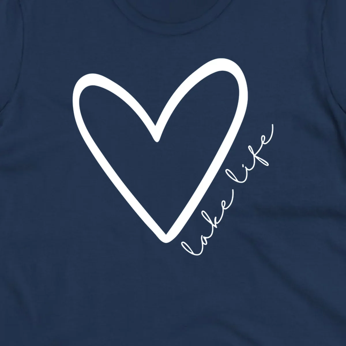 White heart outline with navy cursive 'lake life' text, lake-life-heart design.