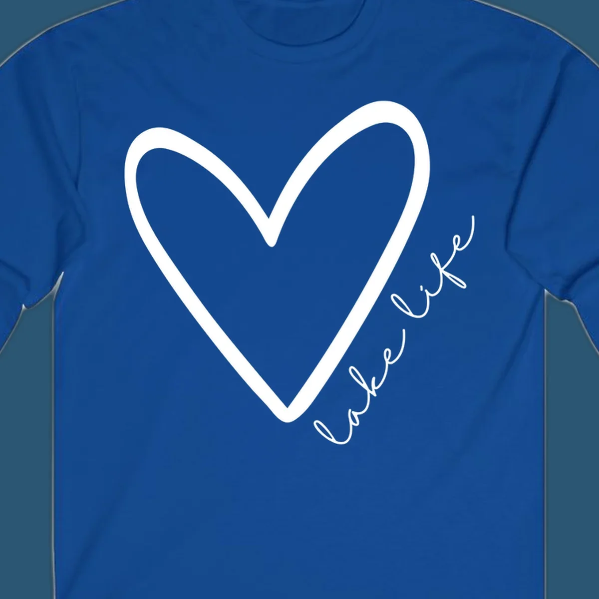 White heart outline with navy cursive 'lake life' text, lake-life-heart design.