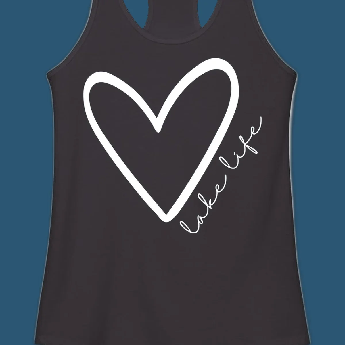 White heart outline with navy cursive 'lake life' text, lake-life-heart design.
