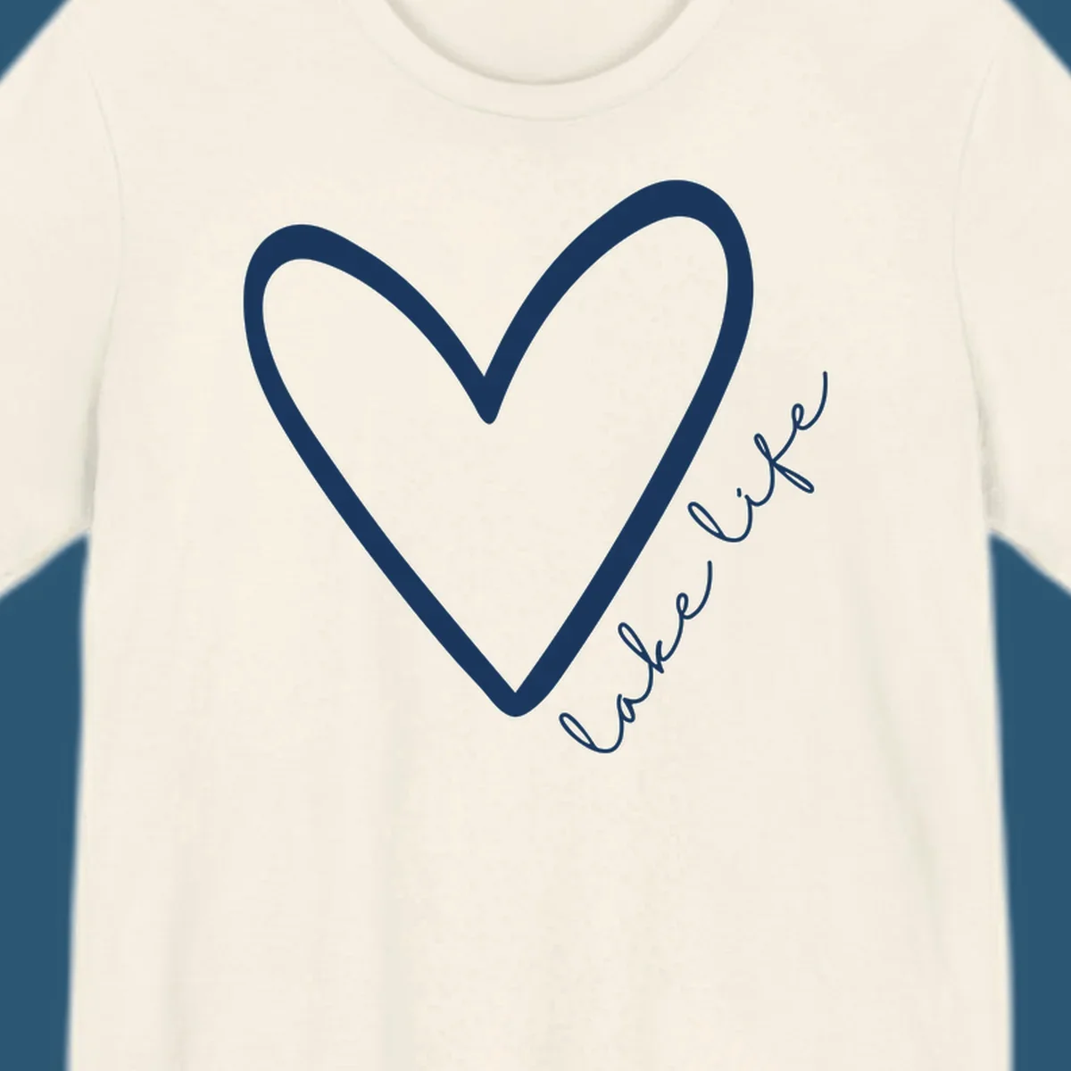 White heart outline with navy cursive 'lake life' text, lake-life-heart design.