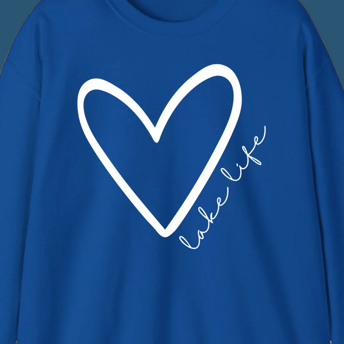 White heart outline with navy cursive 'lake life' text, lake-life-heart design.