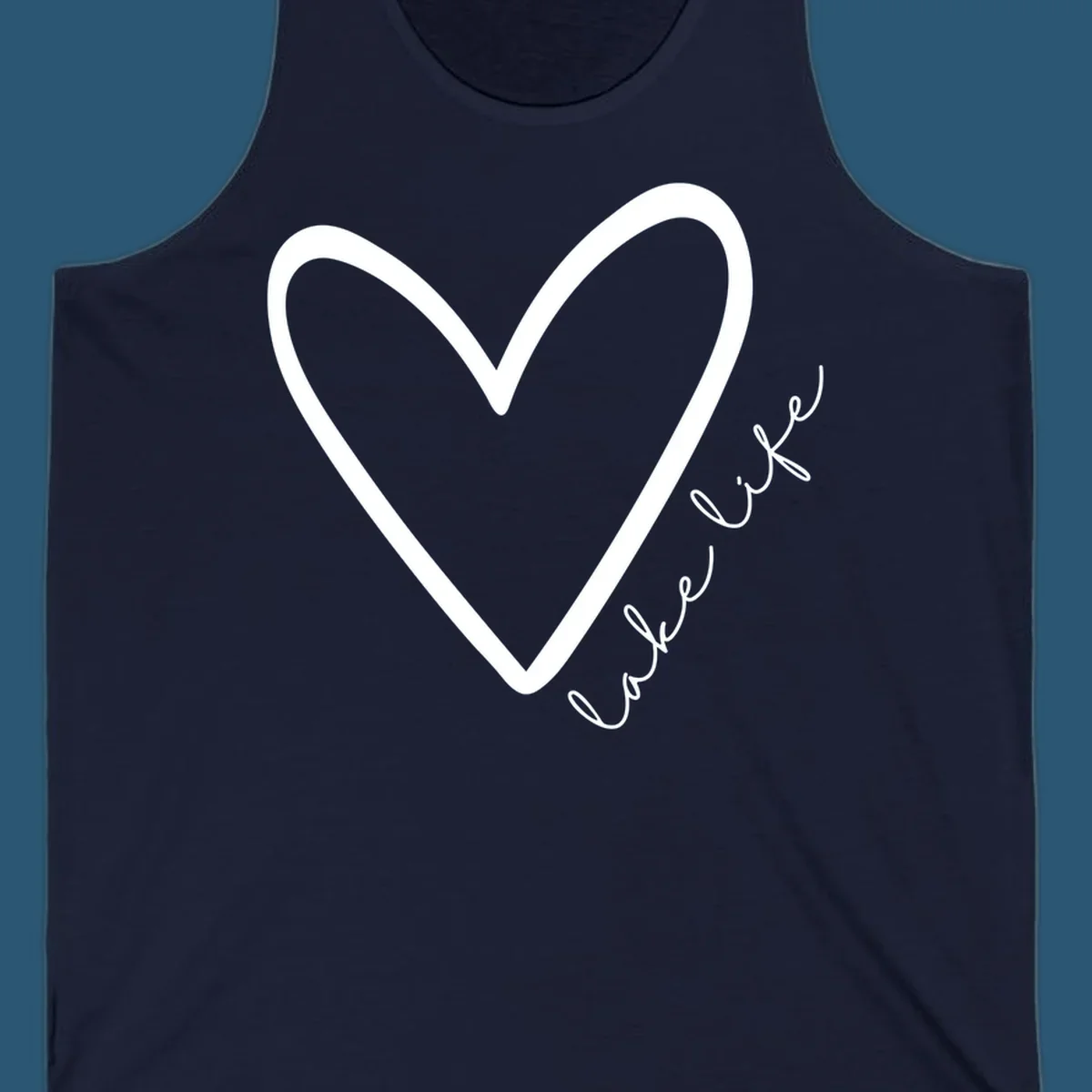 White heart outline with navy cursive 'lake life' text, lake-life-heart design.