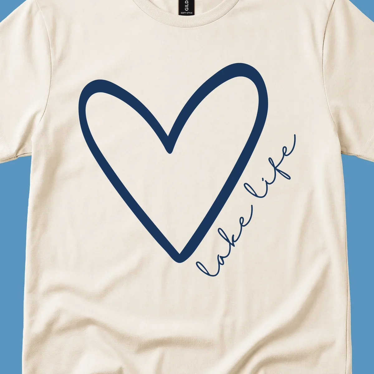 White heart outline with navy cursive 'lake life' text, lake-life-heart design.