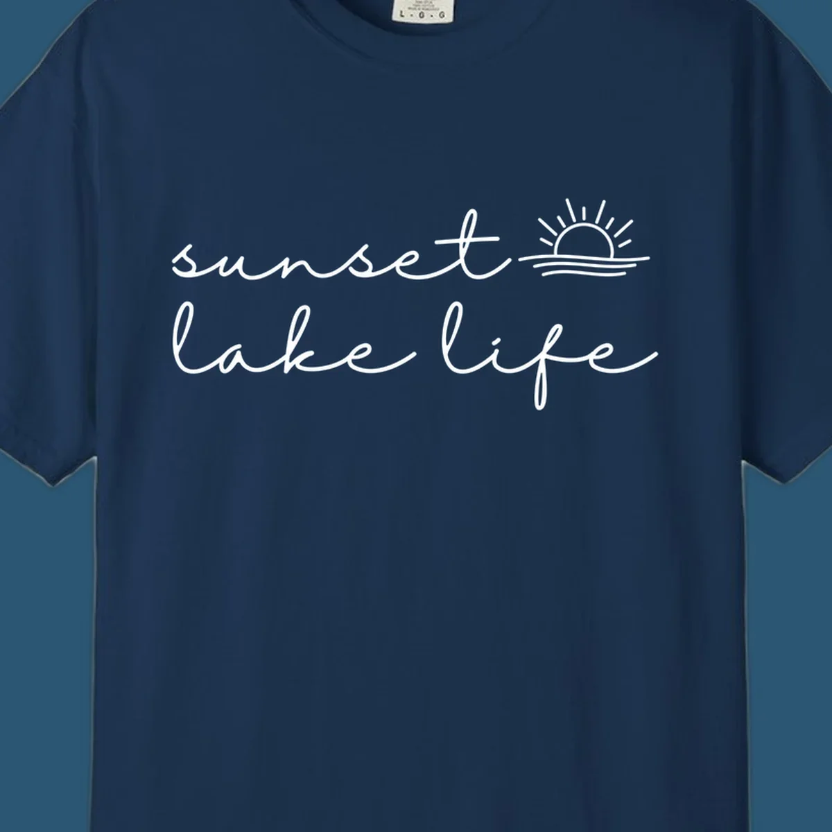 Sunset lake life script design with sun setting over water.
