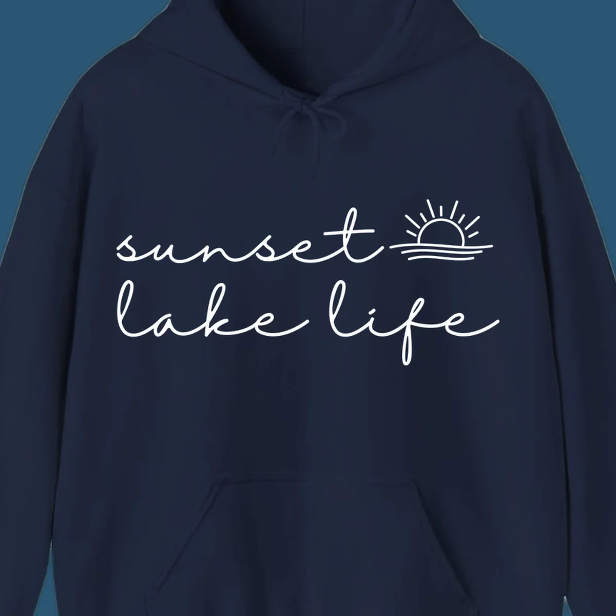 Sunset lake life script design with sun setting over water.