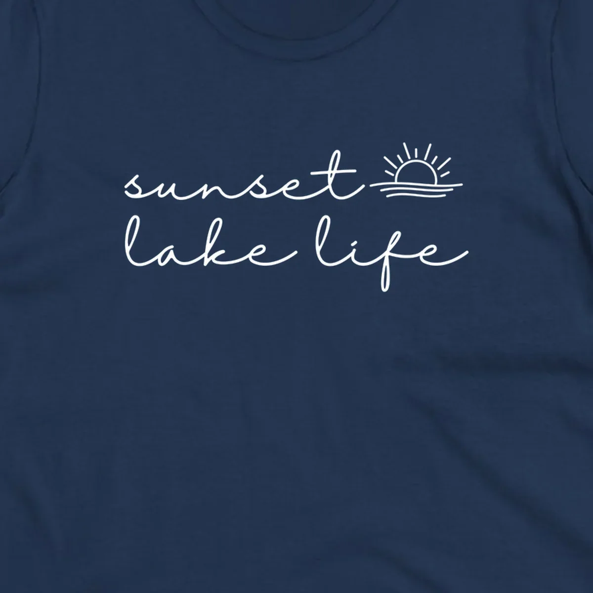 Sunset lake life script design with sun setting over water.