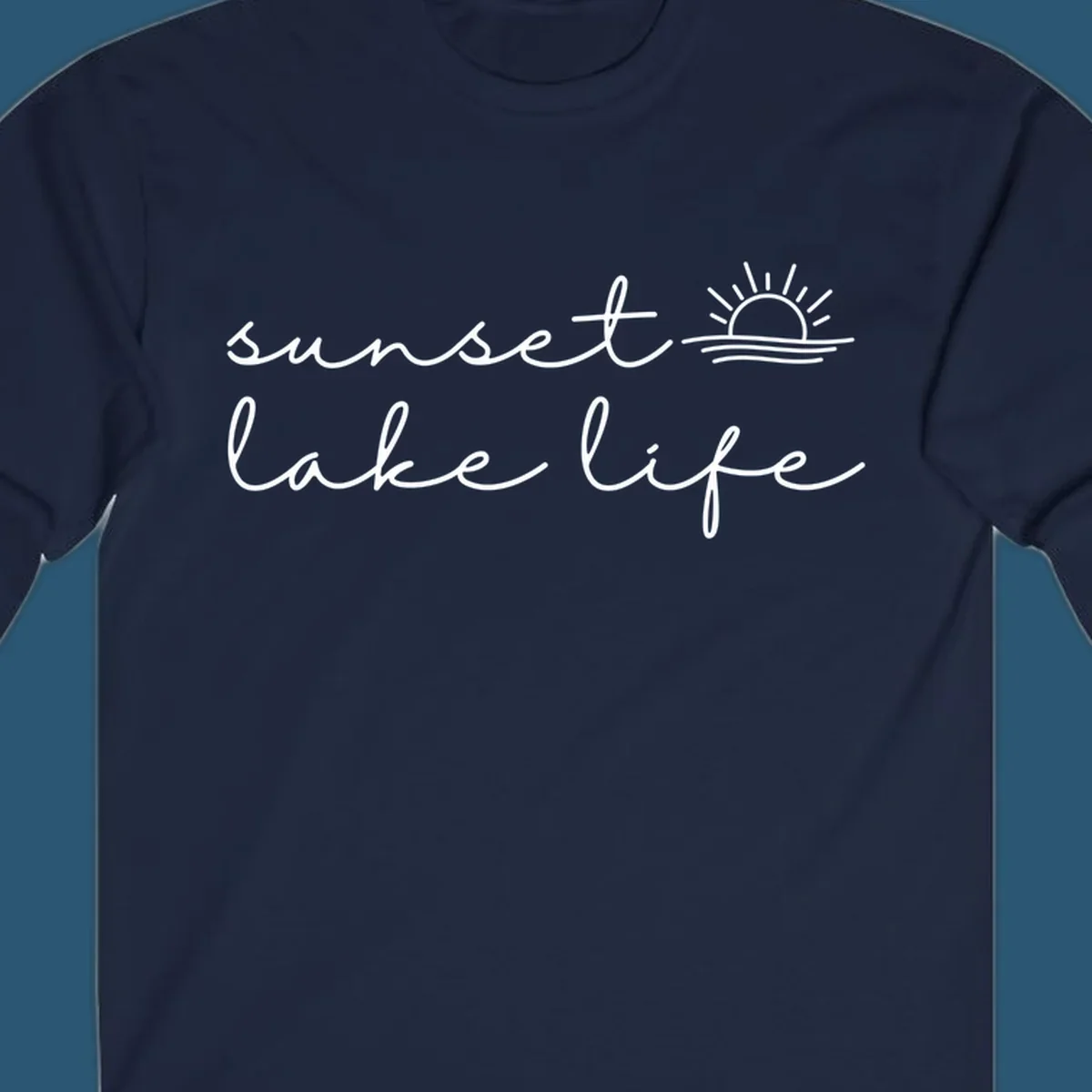 Sunset lake life script design with sun setting over water.