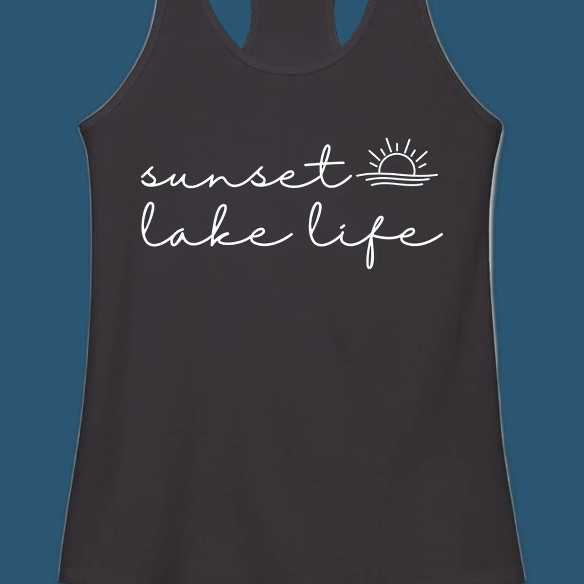 Sunset lake life script design with sun setting over water.