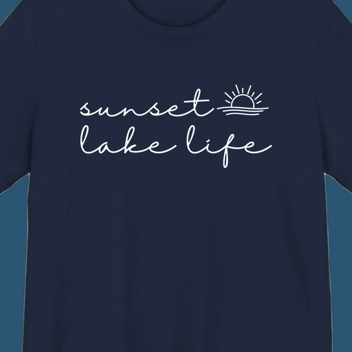 Sunset lake life script design with sun setting over water.