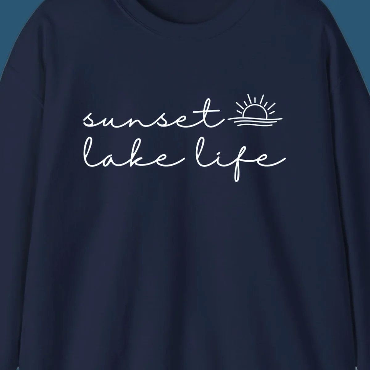 Sunset lake life script design with sun setting over water.