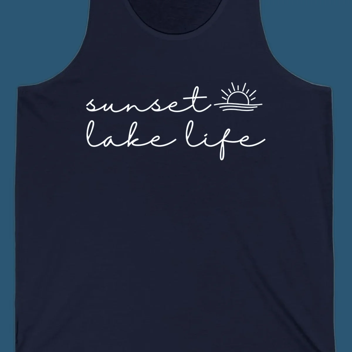 Sunset lake life script design with sun setting over water.