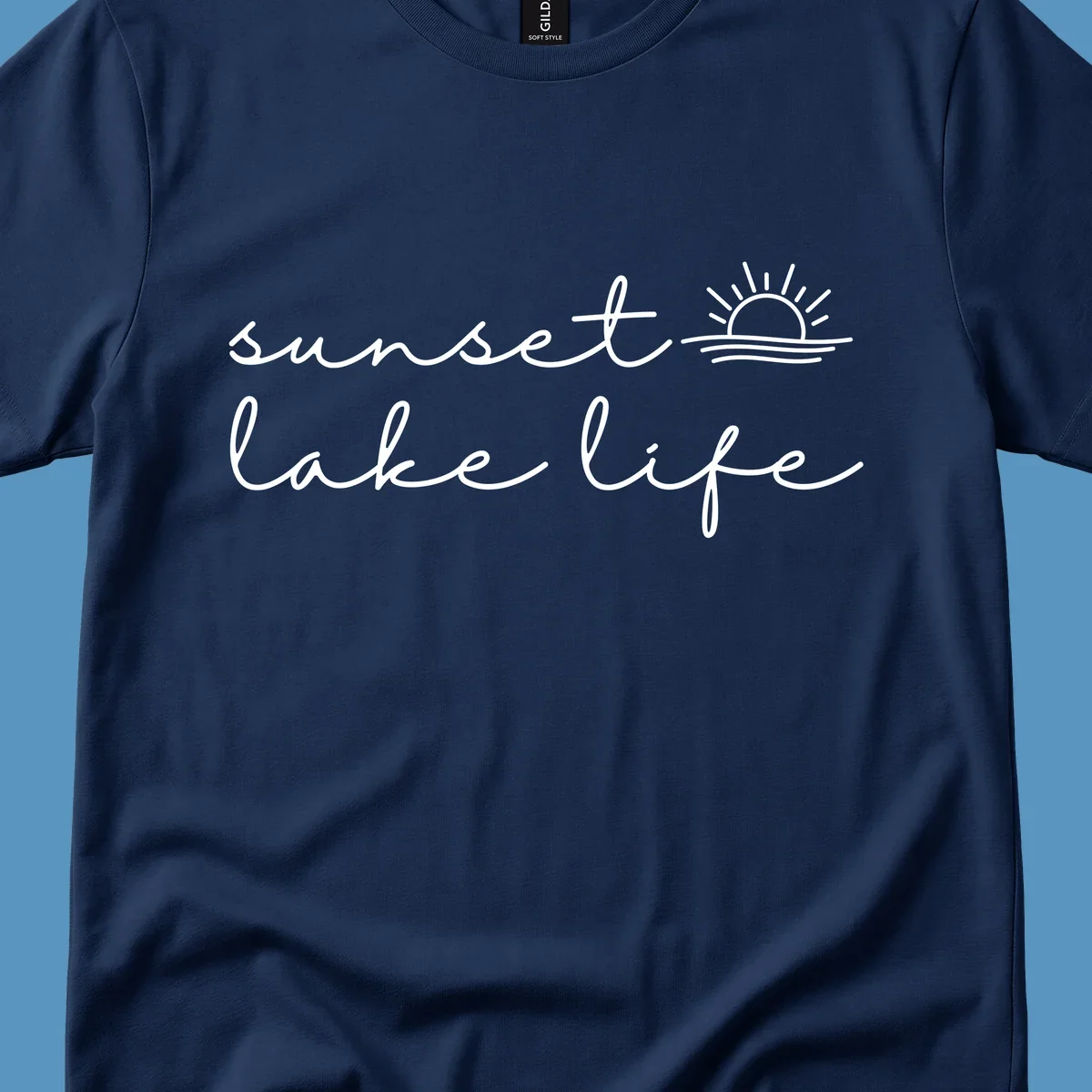 Sunset lake life script design with sun setting over water.