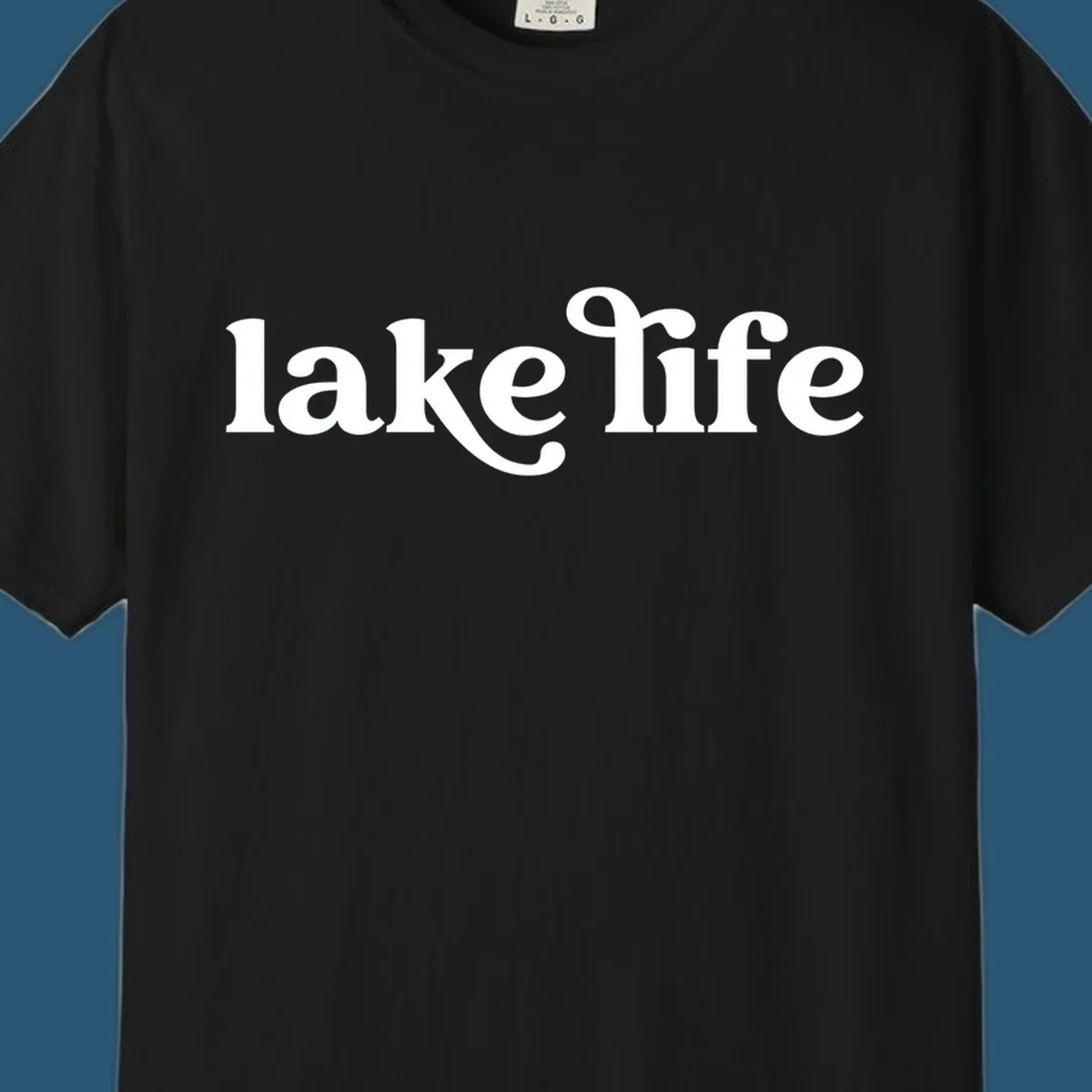 White lake life typography design on a black background.