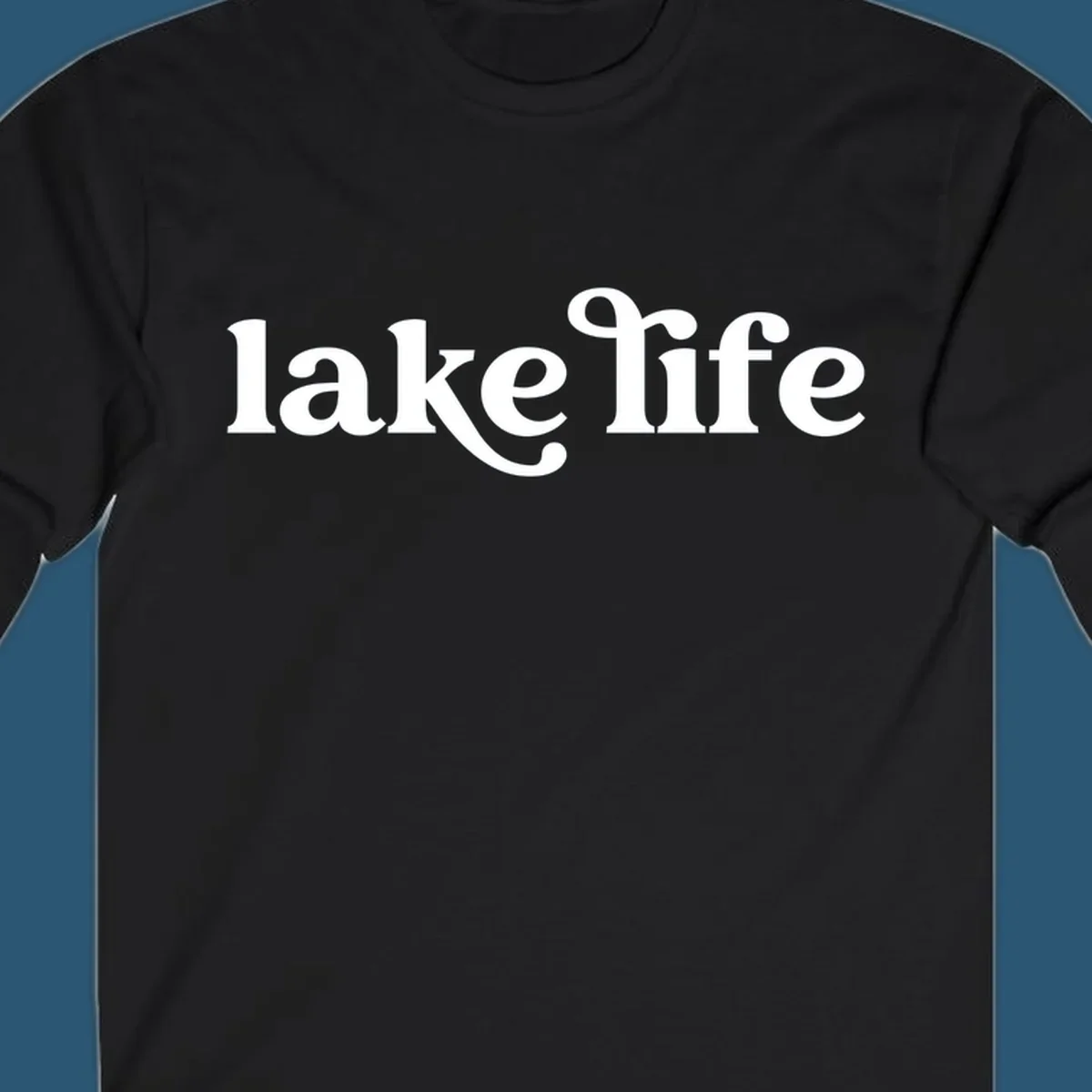 White lake life typography design on a black background.